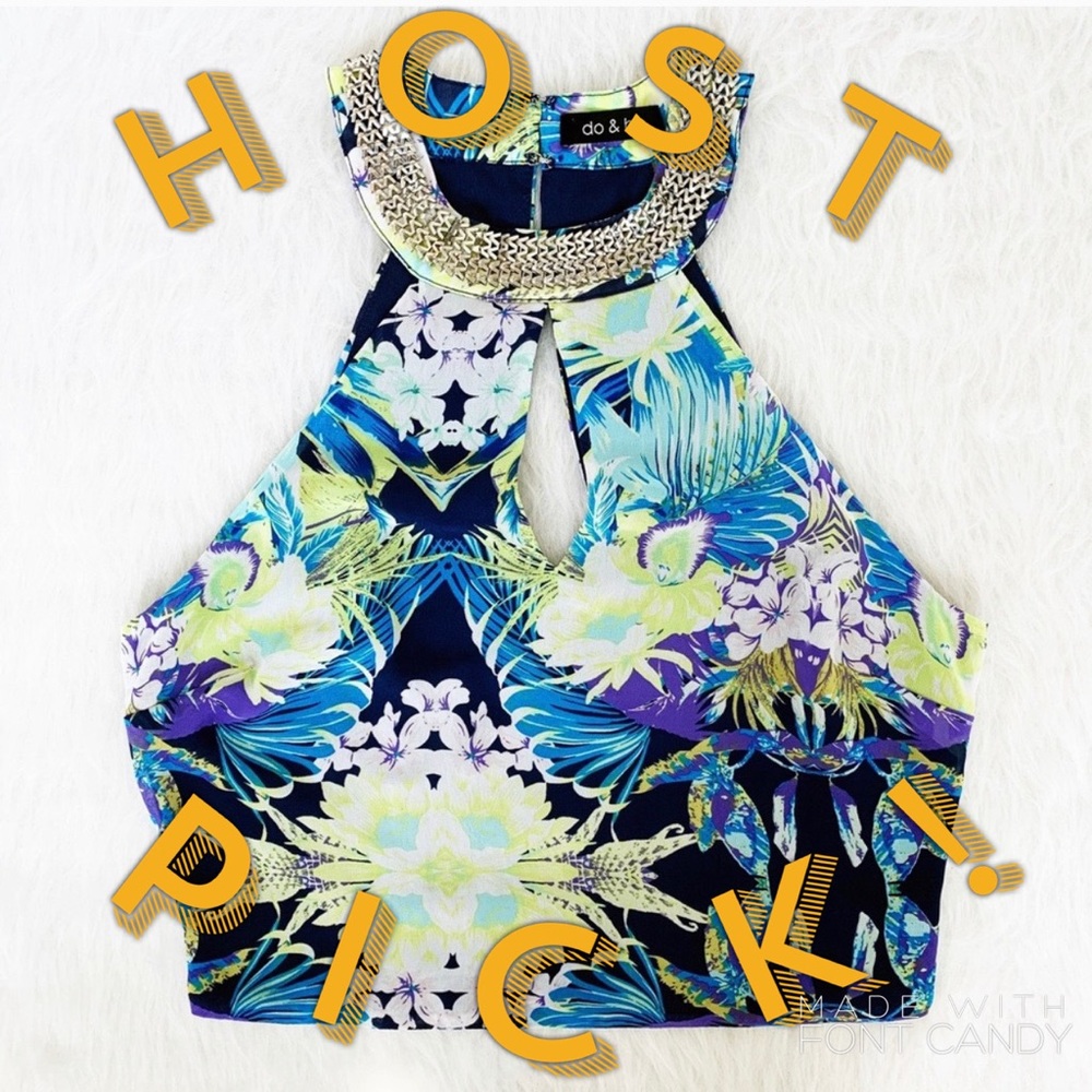 DO & BE Chain High Neck Floral Chiffon Crop Top M